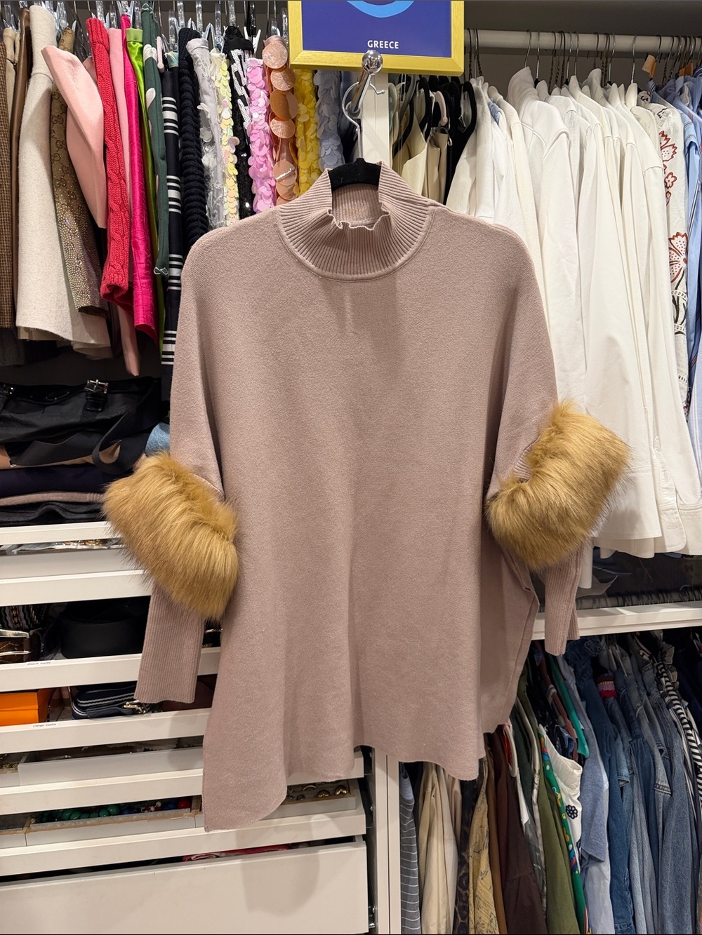 Chicwish Mauve Mock-Neck Sweater with Golden-Tan Faux Fur Cuffs